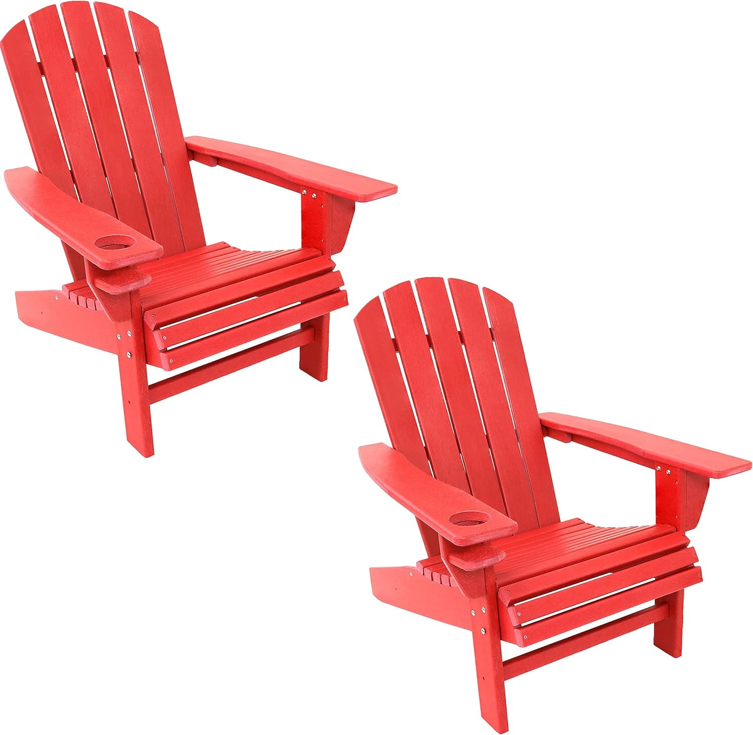 All-Weather Outdoor Adirondack Chair with Drink Holder - Heavy Duty HDPE Weatherproof Patio Chair - Ideal for Lawn, Garden or around the Firepit - Red- Set of 2