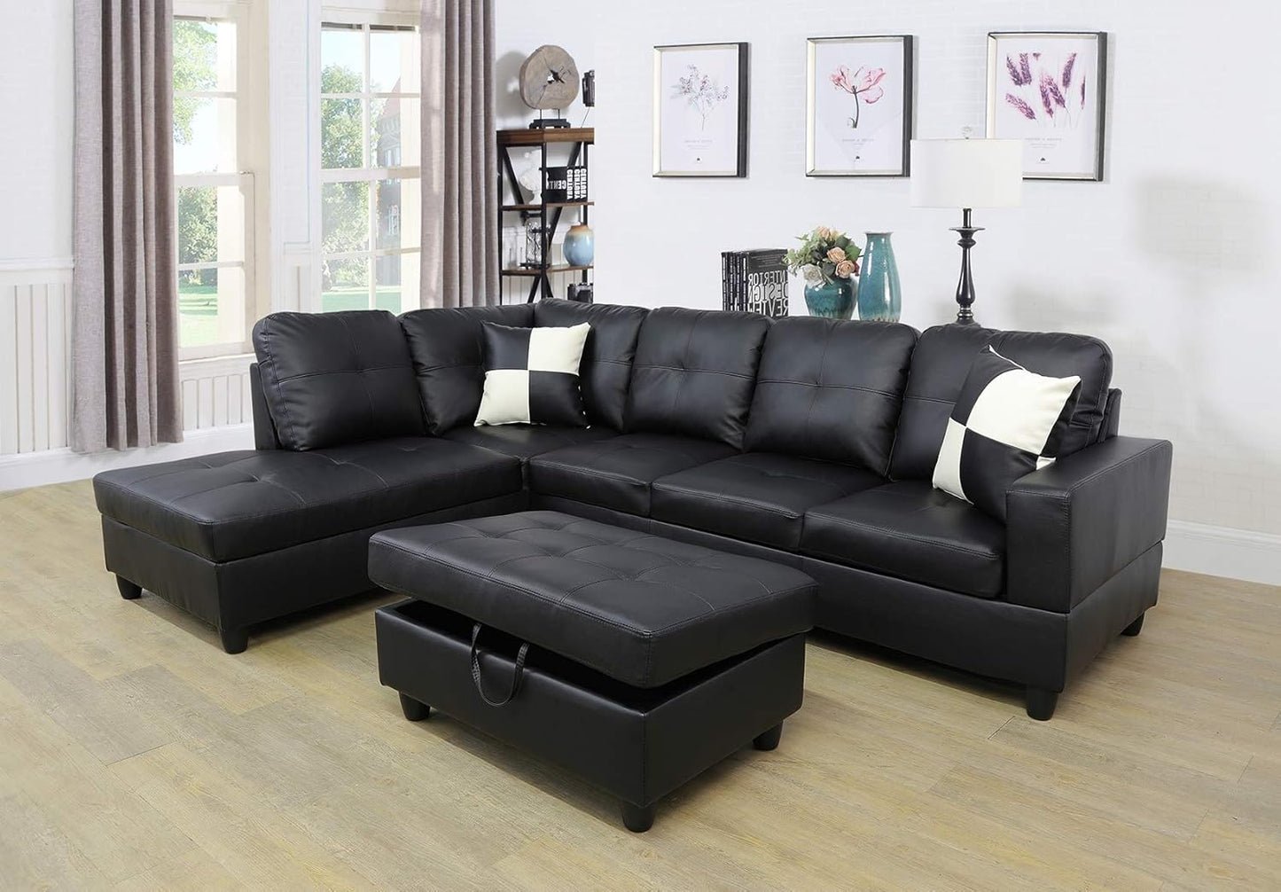 Ainehome 3 PCS Living Room Set, Sectional Sofa Set, L-Shape Couch in Home, with Storage Ottoman and Matching Pillows (Left Hand Facing,Black)