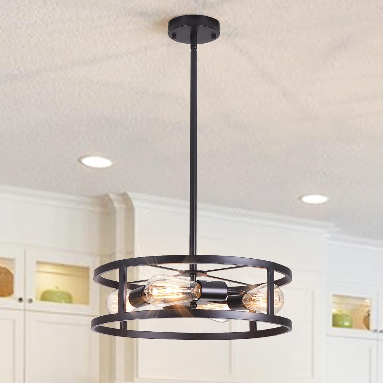 4-Light Farmhouse Semi Flush Mount Chandeliers, Black Close to Ceiling Lights with Adjustable Rods, Drum Pendant Lighting Fixture for Kitchen Living Room Bedroom Hallway Entryway