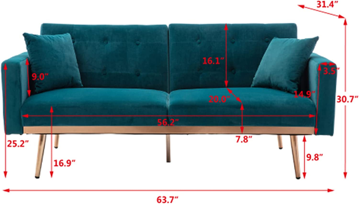 63" Accent Sofa, Mid Century Modern Velvet Fabric Couch， Convertible Futon Sofa Bed ，Recliner Couch Accent Sofa Loveseat Sofa with Gold Metal Feet (Teal)