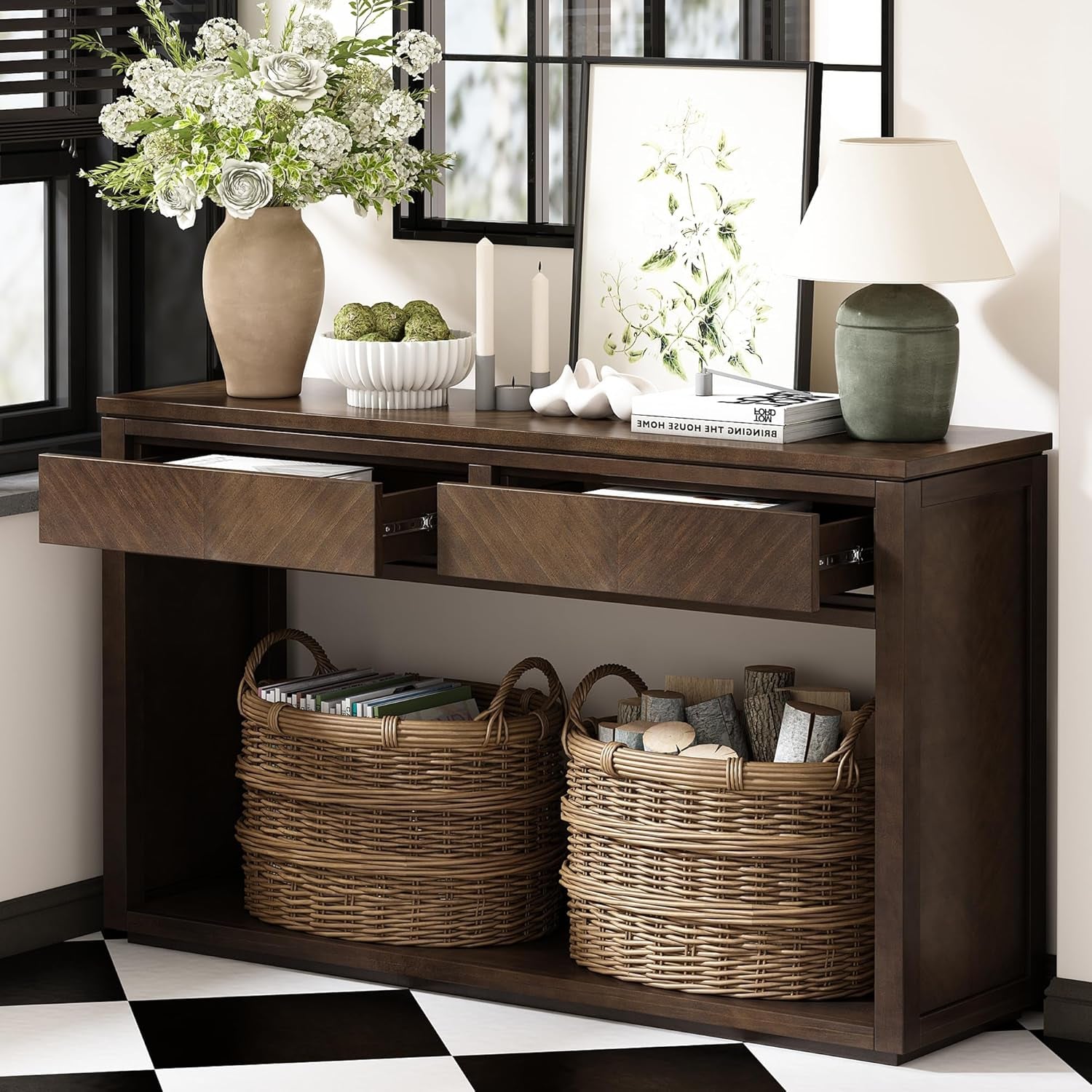 Farmhouse Entryway Table with Drawers,Vintage Wood Console Table with Bottom Shlef for Entryway,Hallway,Living Room