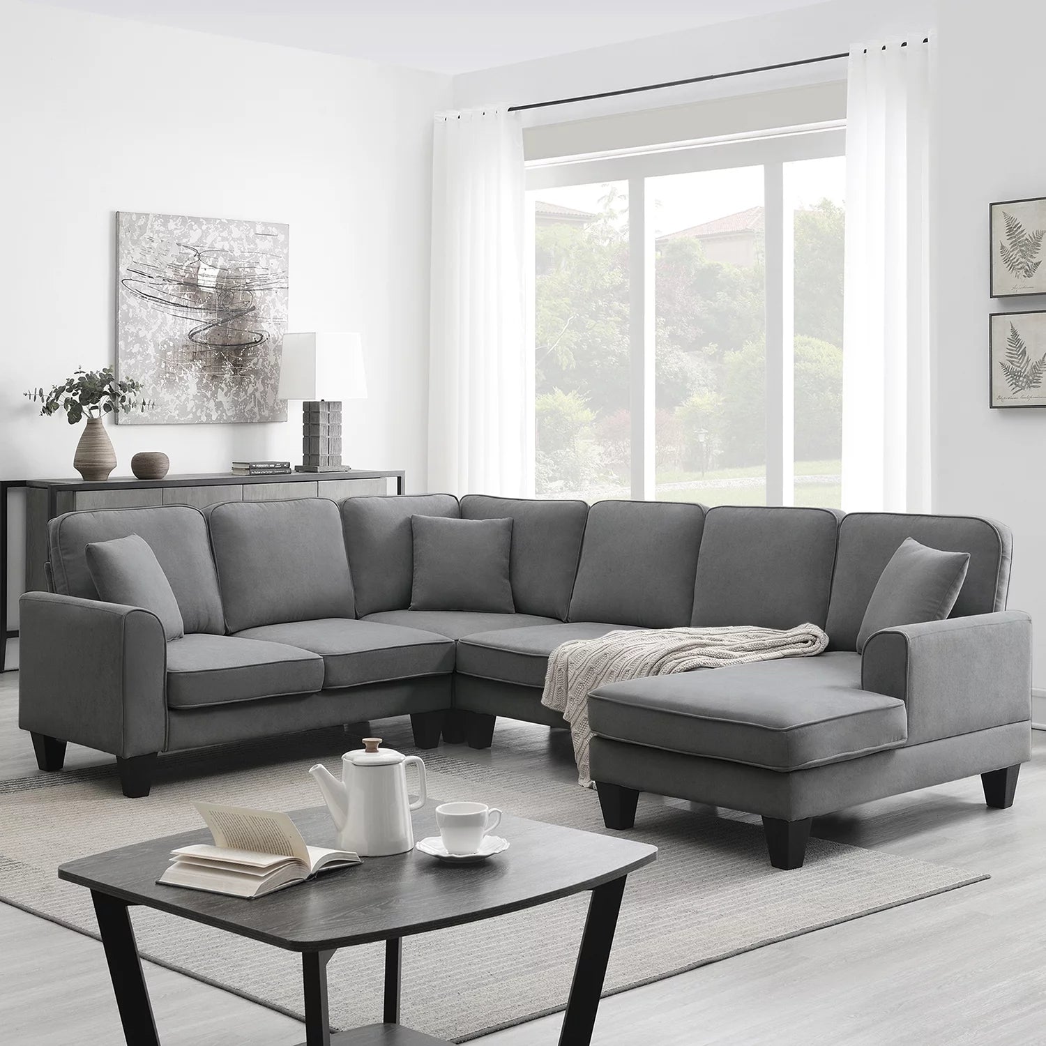 Convertible Modular Sectional Sofa with Chaise and Recliner,U Shaped Couch 7 Seat Fabric Sleeper Sofa for Living Room,Dark Gray