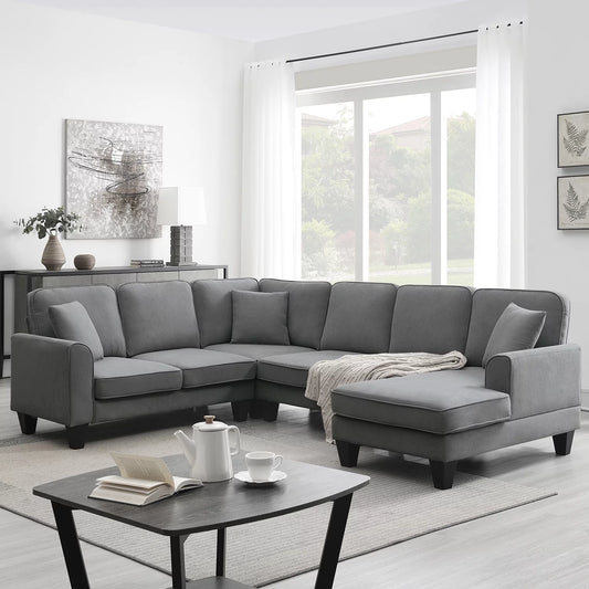 Convertible Modular Sectional Sofa with Chaise and Recliner,U Shaped Couch 7 Seat Fabric Sleeper Sofa for Living Room,Dark Gray