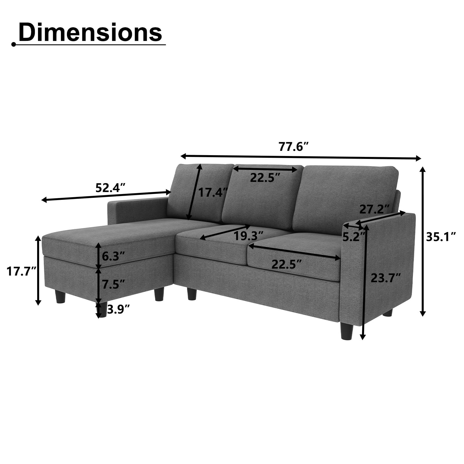 L Shaped Sofa Sectional Couch with Movable Ottoman for Living Room Furniture Set, Gray