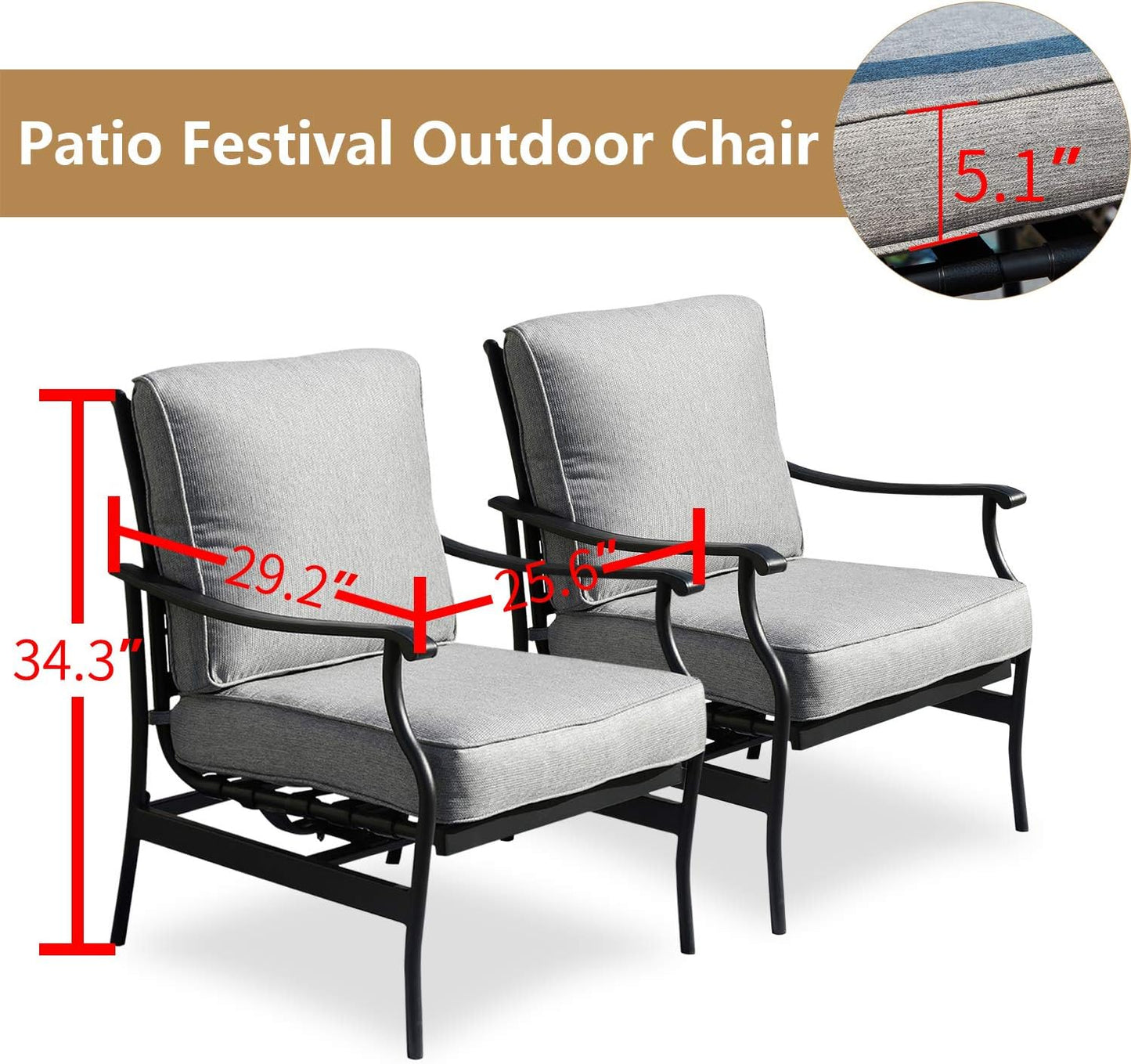 2 PC Outdoor Padded Conversation Set,Patio Furniture Sets Modern Bistro Cushioned Rocking Sofa Chairs with 5.1 Inch Thick Seat Cushions,Grey