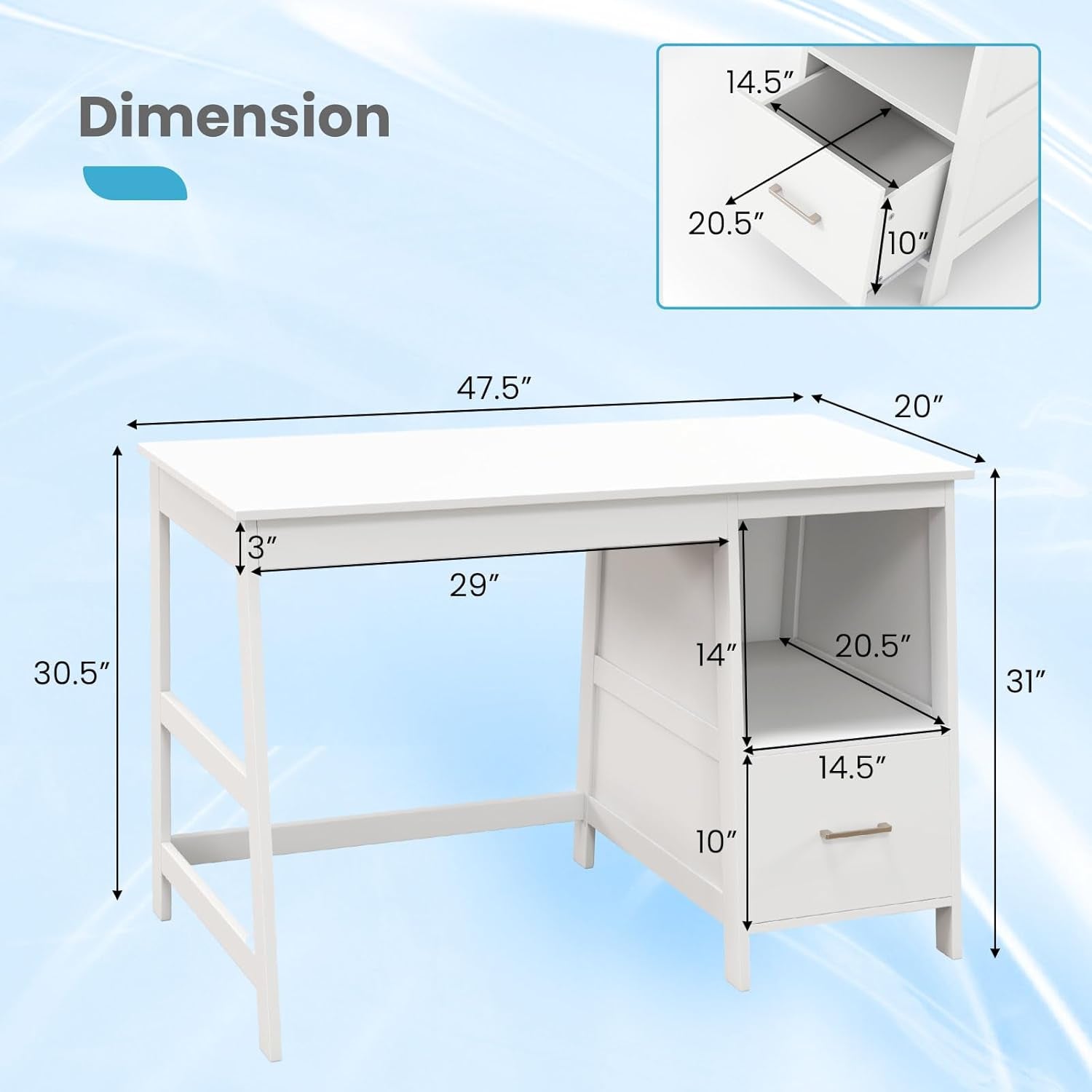 White Desk with Drawers, Small Computer Desk Study Writing Desk, Modern Home Office Desk Student Desk with Storage Space, Makeup Vanity Desk for Bedroom (White)