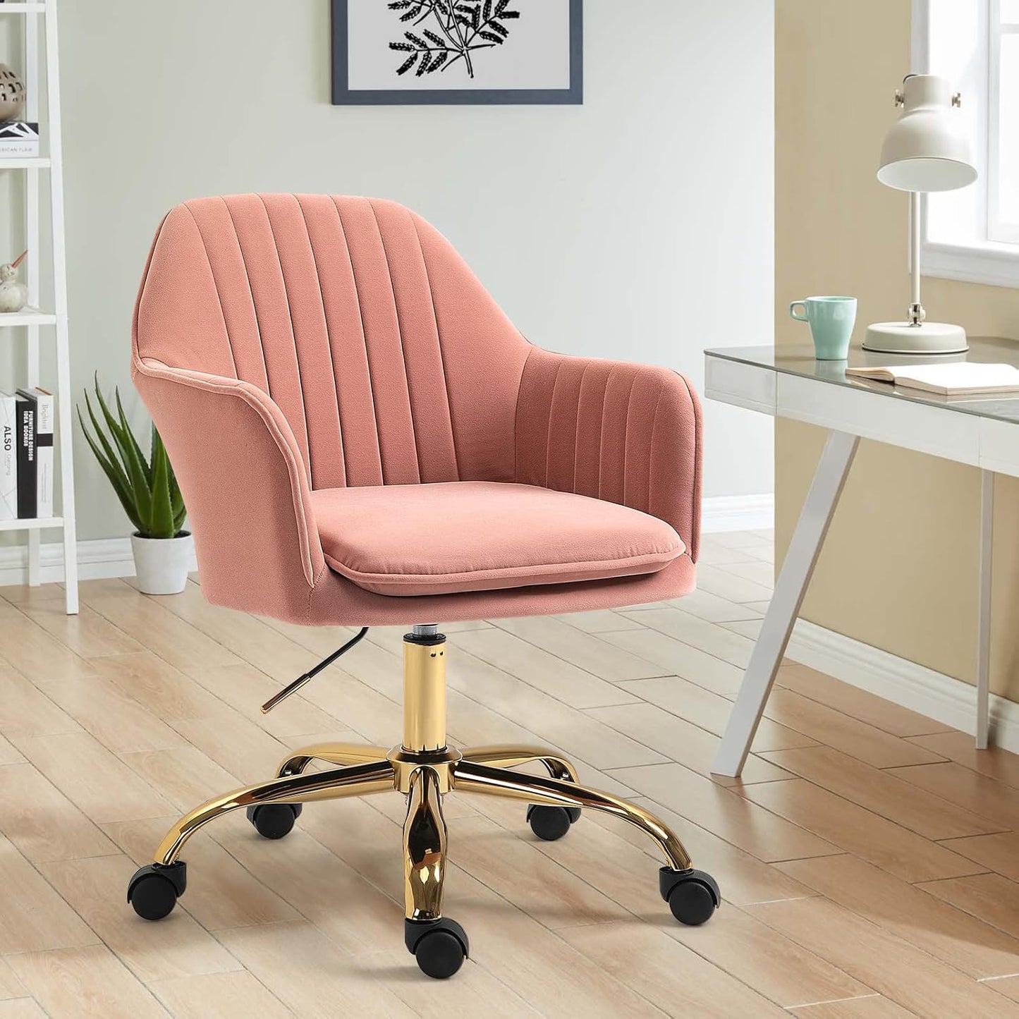 Pink Chair Cute Office Chair, Mid-Back Vanity Chair Adjustable Task Office Chair 360°Swivel Roller Chair with Arms and Gold Metal Base for Home Office, Vanity Room, Bedroom