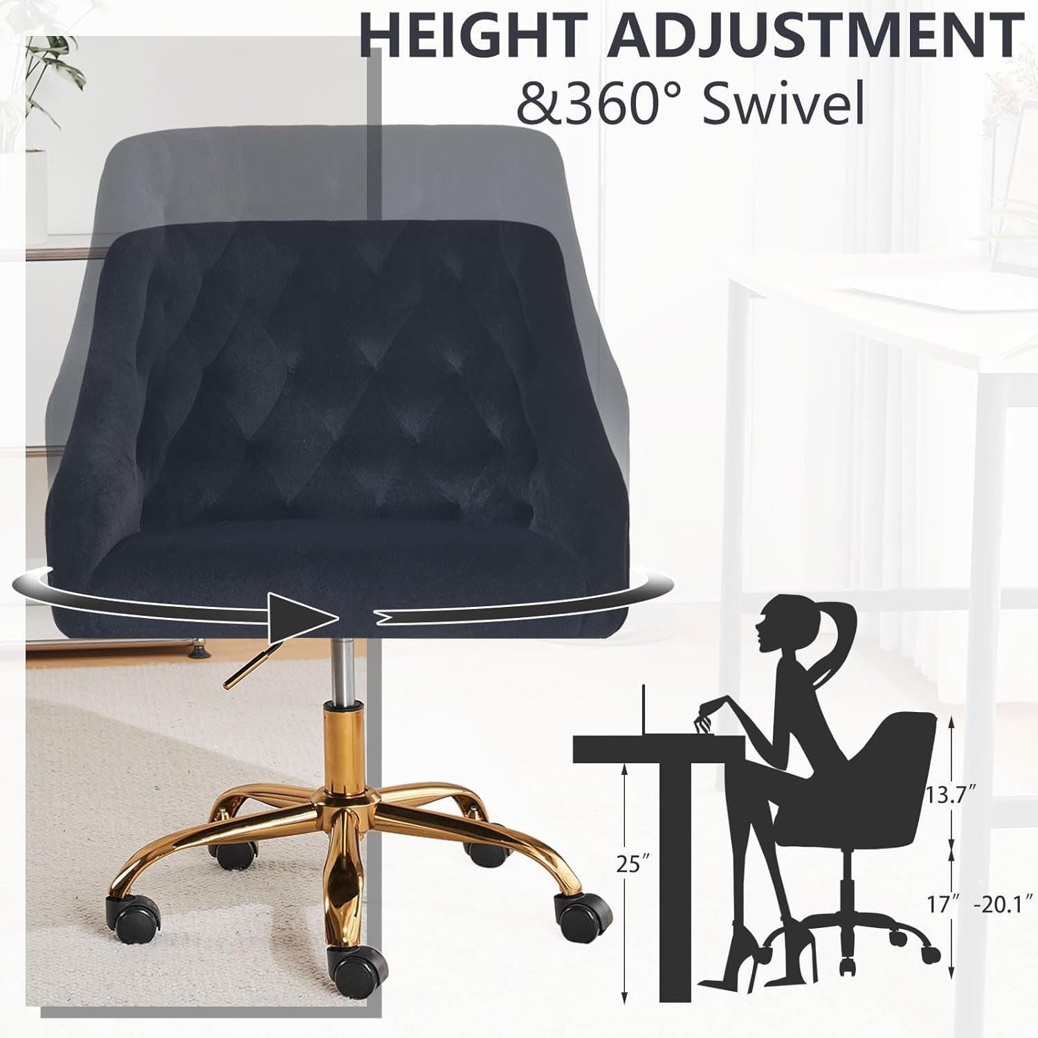 Home Office Desk Chair Modern Velvet Office Chair Height Adjustable Computer Chair Mid-Back Swivel Task Chair Upholstered Velvet Desk Chair with Armrest for Study Bedroom Living Room(Black)