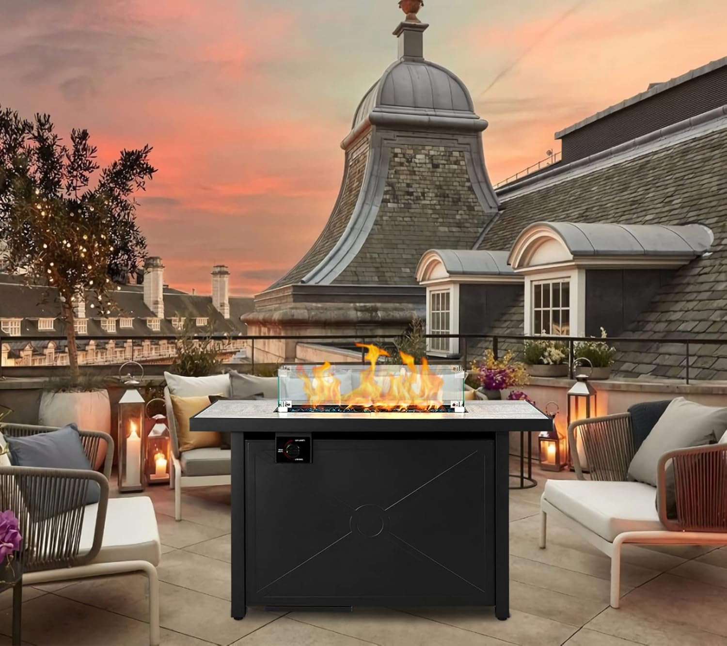 42-Inch 60,000 BTU Gas Fire Pit Table with Glass Wind Guard and Ceramic Top, Includes Waterproof Cover and Tempered Glass Beads for Outdoor Use