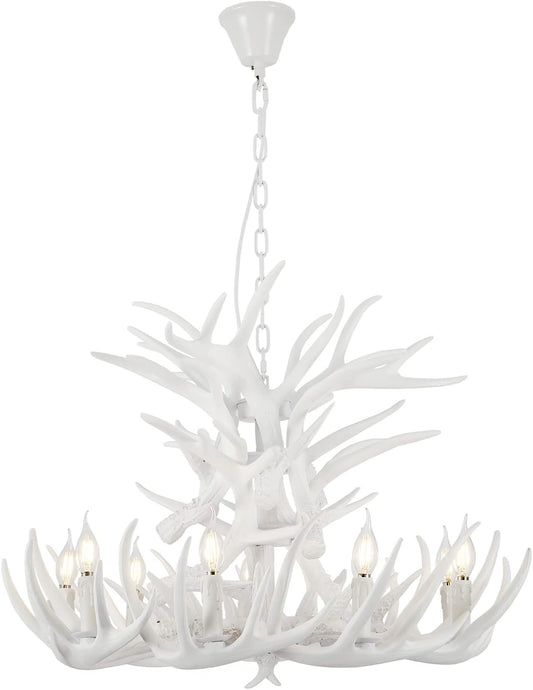 White Antler Chandelier, American Retro Resin Deer Horn Lamps, E12 Lamp Holder, Commercial and Home Lighting for Cafes, Bars, Restaurants, Living Rooms (18 Antlers + 9 Lights)