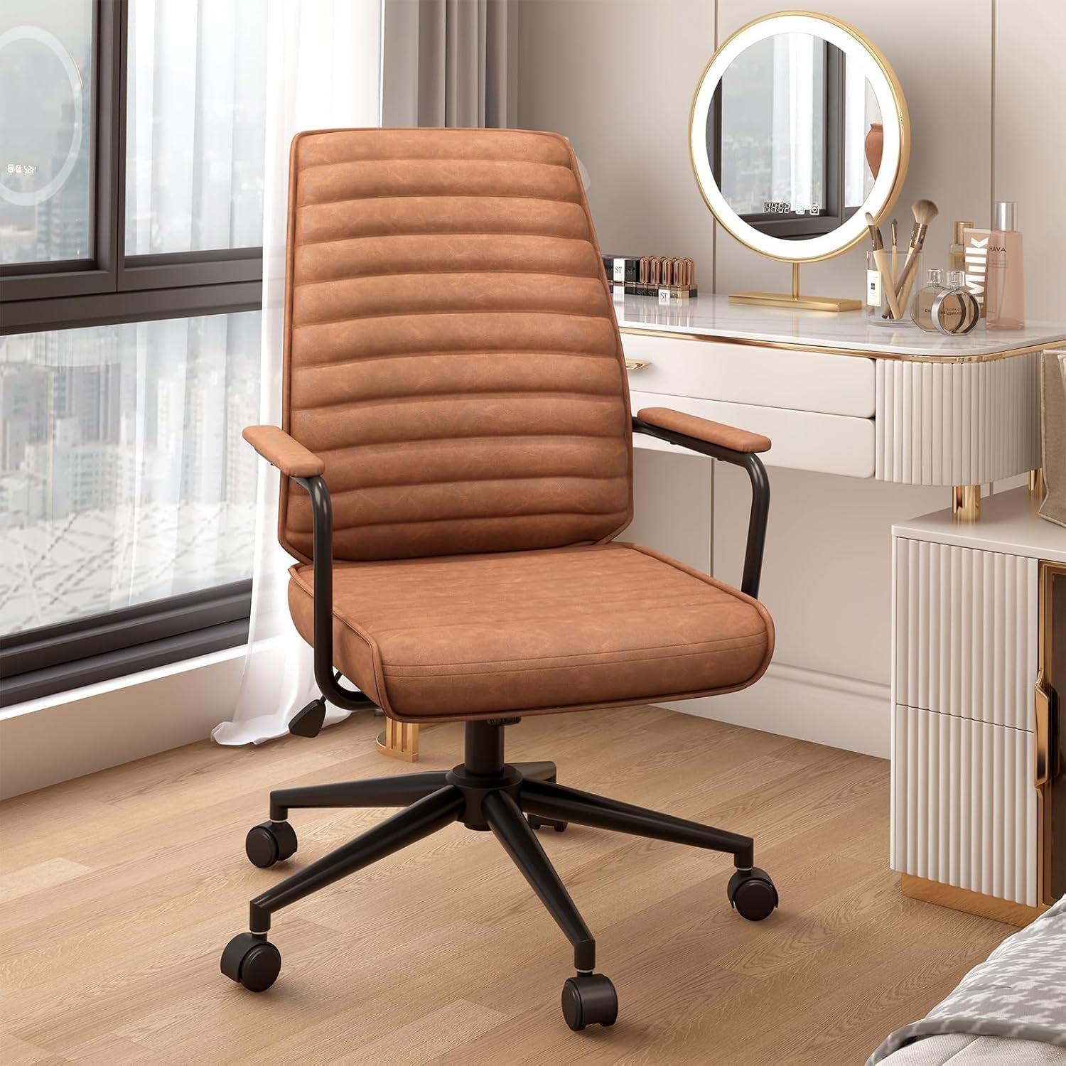 Executive Office Chair Adjustable Leather Chair Mid Back Swivel Office Desk Chair with Padded Armrest 400Lbs Load-Bearing Computer Desk Chair for Home Office