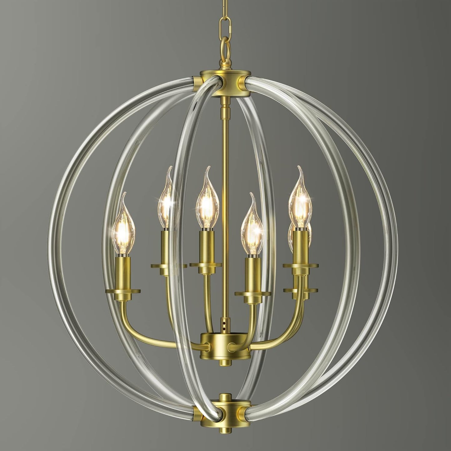 6-Light Modern Chandelier Light Fixture, Gold Globe Chandelier with Brushed Brass Finish, Gold Pendant Light for Dining Room, Bedroom, Foyer, Living Room