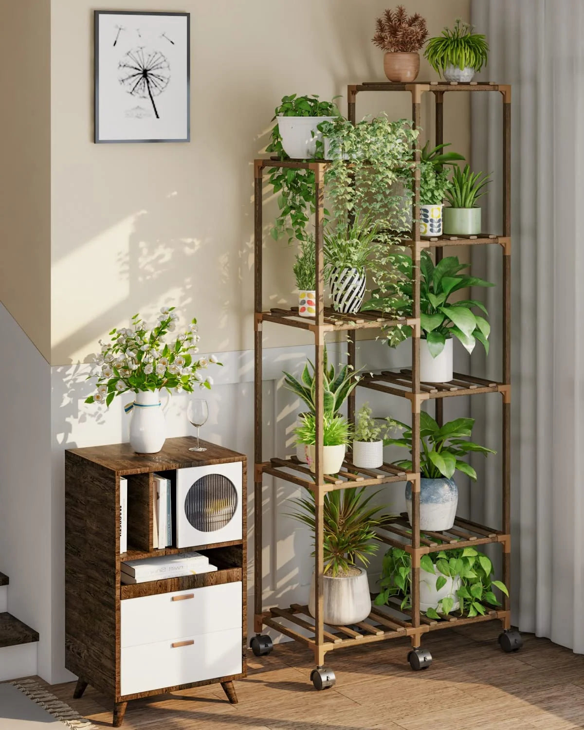 Plant Stand with Wheels for Tall Flower Shelf (9 Pots WW)