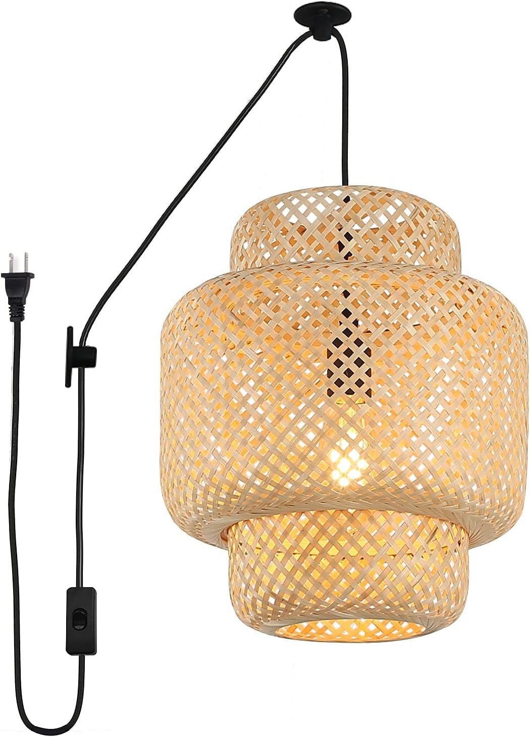 Hand Woven Bamboo Pendant Lighting for Kitchen Island, Plug in Cord Ceiling Hanging Wicker Lamp, Rattan Basket Chandelier Bamboo Light Fixture for Living Room Dining Room Restaurant(Cake Shape)