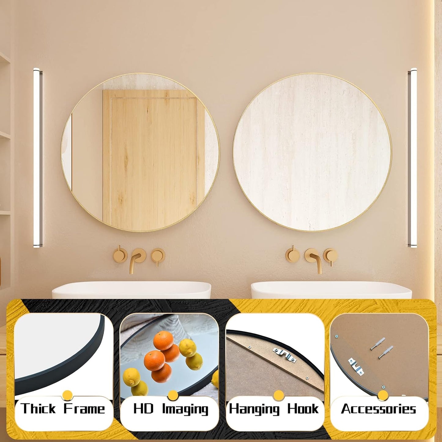 16" Wall Circle Mirror for Bathroom, Small Matte Gold round Mirror for Wall, 16 Inch Hanging round Mirror for Living Room, Vanity, Bedroom