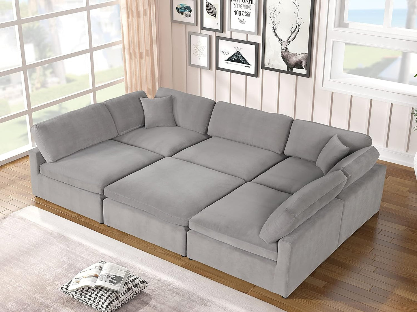 Rebecca Modern 6 Pcs Modular Living Room Velvet Sectional, Neutral Grey