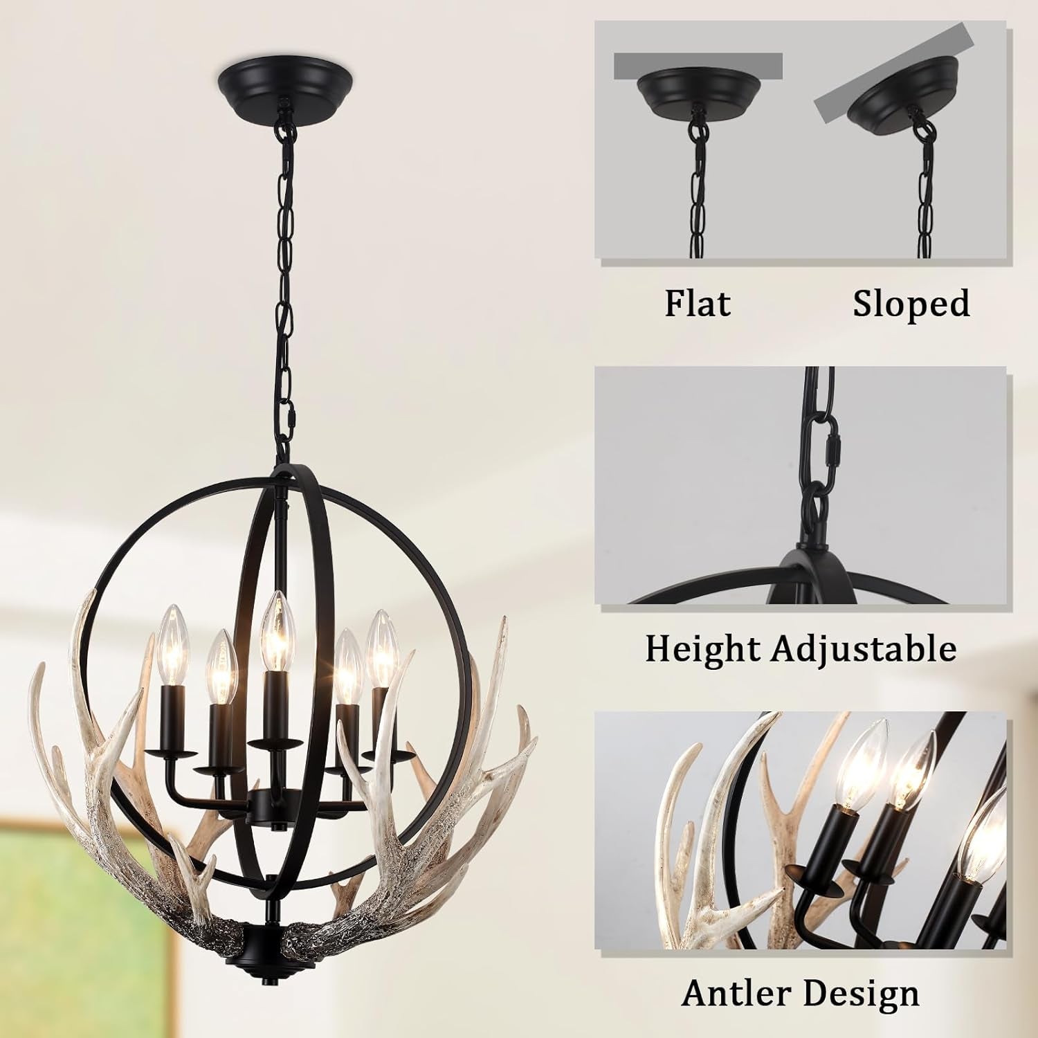 5 Light Antler Chandelier 20"Farmhouse Chandeliers for Dining Room Rustic Vintage Ceiling Light Fixture with 4 Resin Deer and Metal Globe Chandelier for Entryway Foyer Kitchen Island Pendant Light,E12