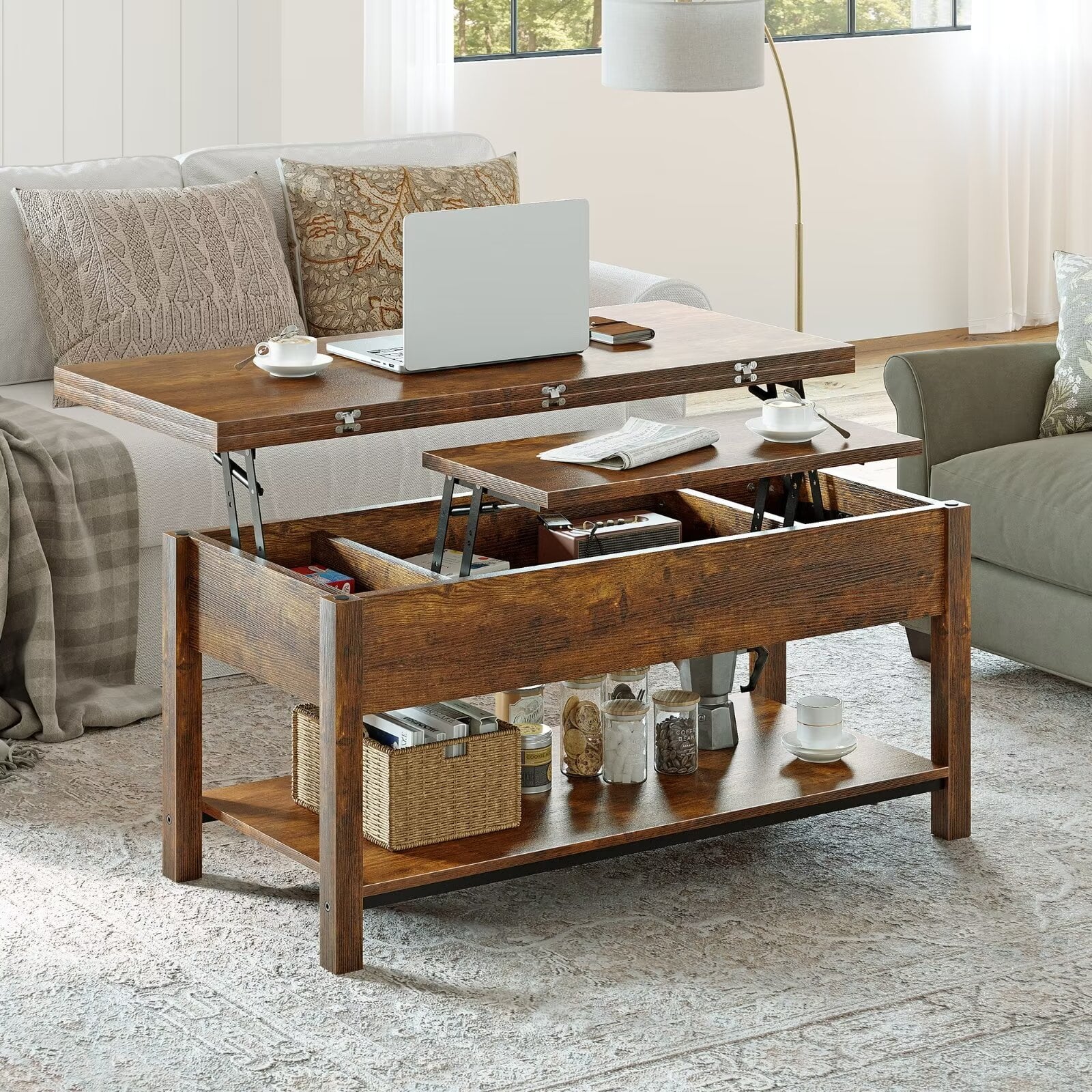 41.73"Lift Top Coffee Table 4 in 1 Multi-Function Convertible Coffee Table with Hidden Storage Framhouse Coffee Table for Living Room Rustic Brown