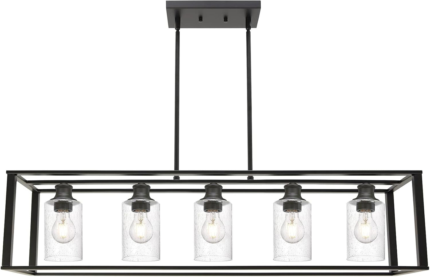 5-Light Kitchen Island Pendant Lighting, Industrial Farmhouse Chandeliers Black Dining Room Lighting Fixtures Ceiling for Living Room, Bedroom, Bar, Restaurant with Clear Seedy Glass Shades