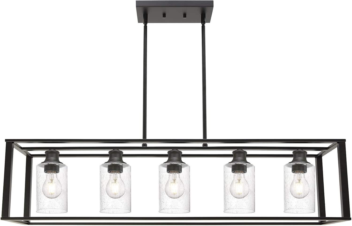 5-Light Kitchen Island Pendant Lighting, Industrial Farmhouse Chandeliers Black Dining Room Lighting Fixtures Ceiling for Living Room, Bedroom, Bar, Restaurant with Clear Seedy Glass Shades