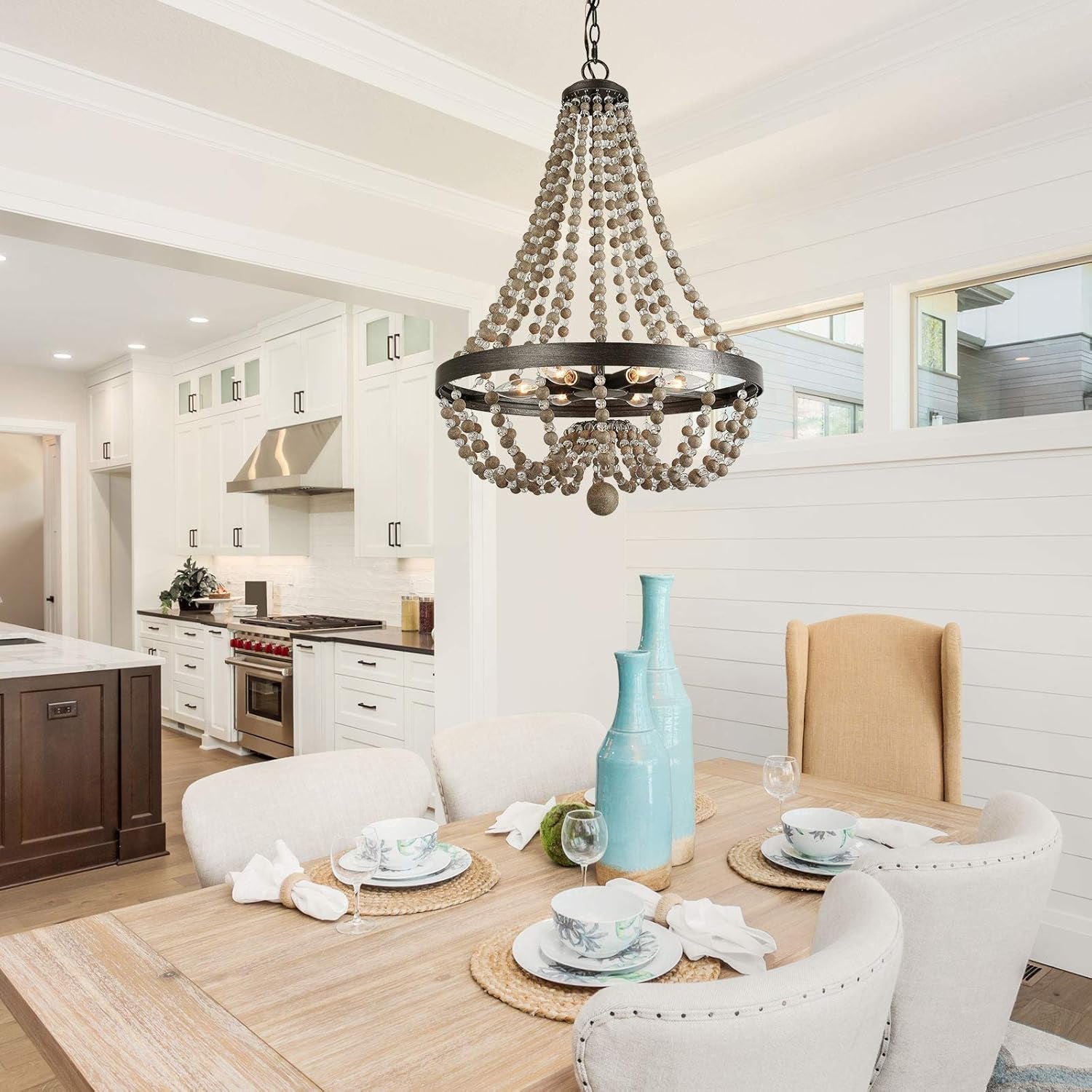 Bead Chandelier, Farmhouse Dining Room Light Fixture Hanging with 6-Lights, Handmade Wood Beaded Chandelier for Kitchen Island