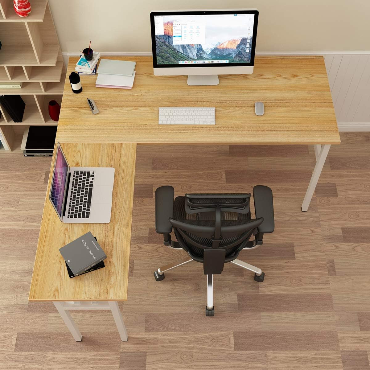 55X55 Inch L Shaped Desk Folding Computer Desk Reversible L Desk Computer Table Computer Workstation Office Desk PC Desk Study Desk Coner Table, Teak and White, NSDUS-AC11BW