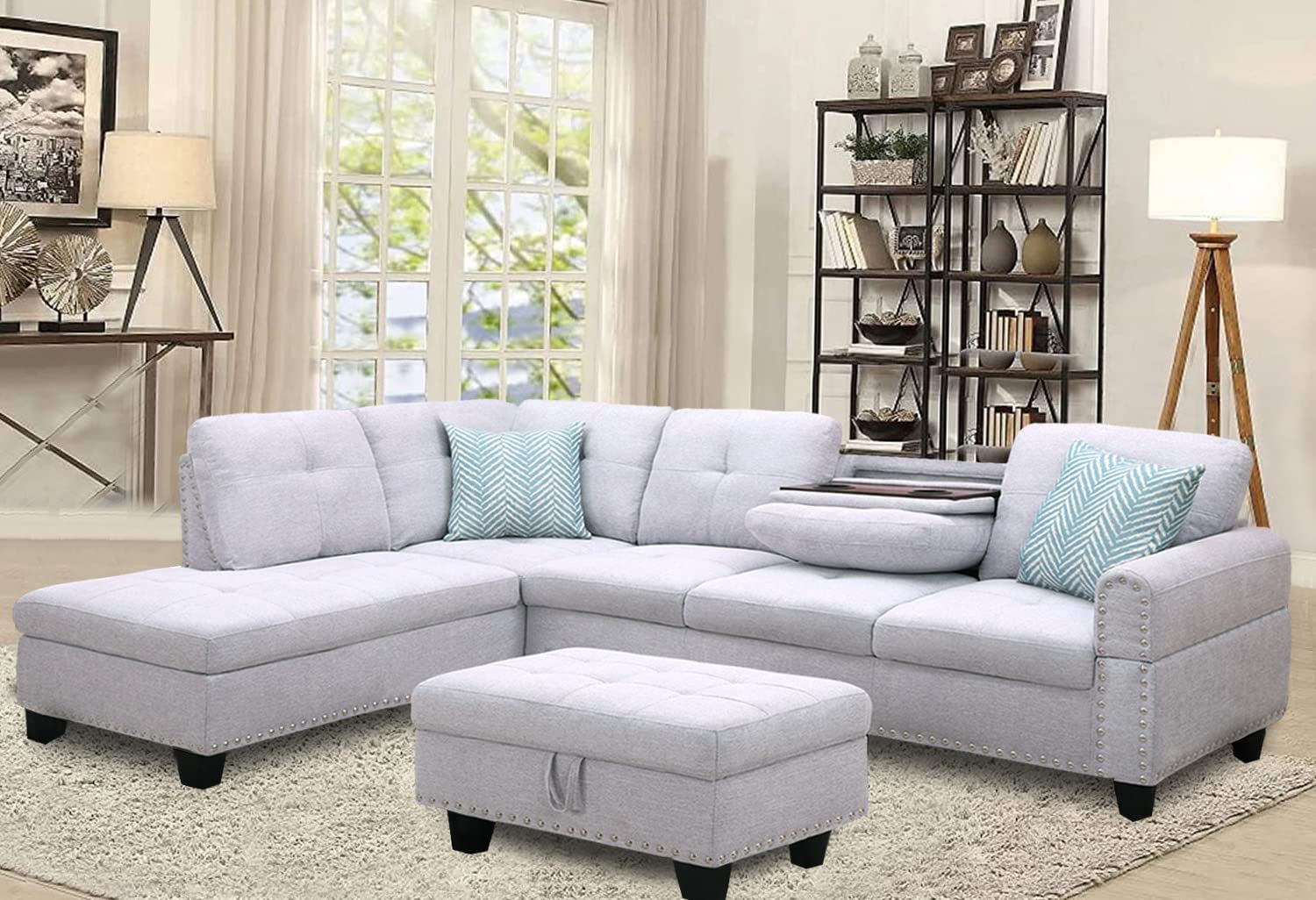 Sectional Sofa with Chaise Lounge and Ottoman L Shaped 6 Seat Living Room Sectional Couch with Cupholder, Left Facing Couch