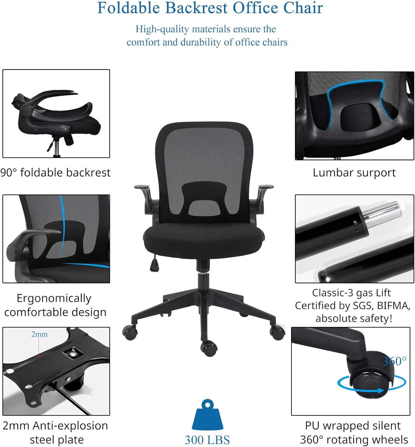 Foldable Office Chair - Home Office Desk Chairs with Flip-Up Arms and Foldable Backrest, Mesh Computer Chair Foldable Executive Office Chair (Black)