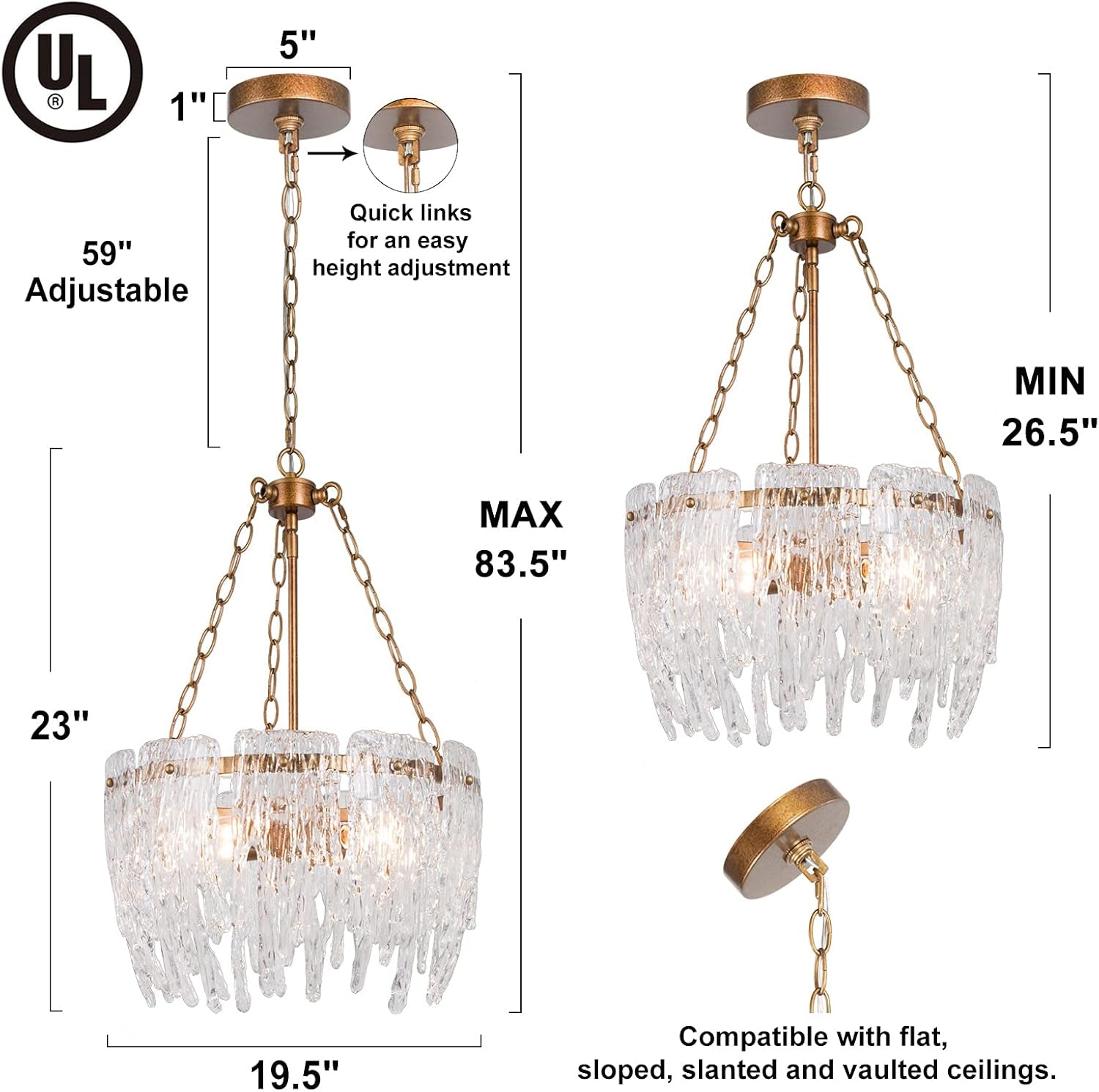 Modern Glass Chandelier, Antique Gold Dining Room Chandelier with Waterfall Shade, Hanging Farmhouse Crystal Chandelier Light Fixture for Bedroom, Living Room, 4-Light, Dia 17.5"