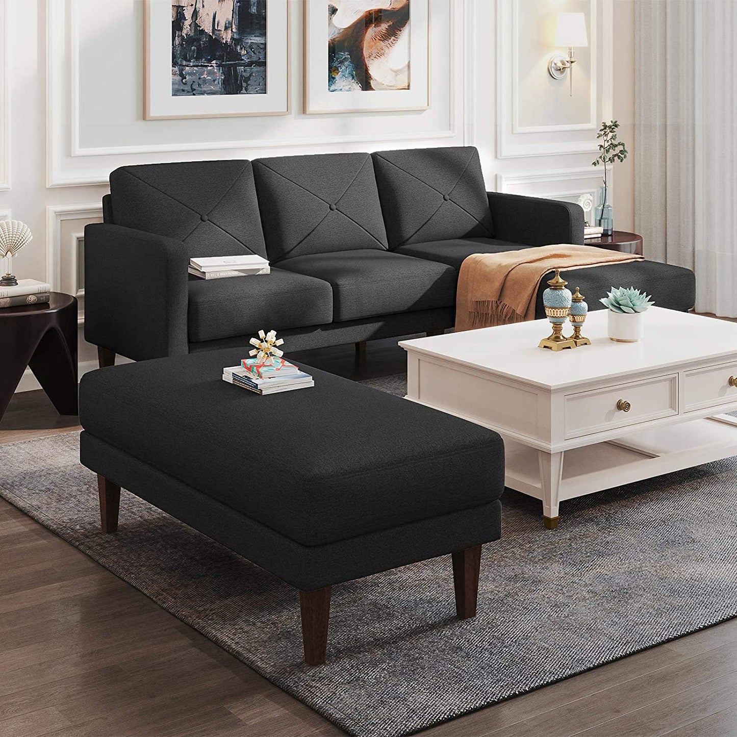 Convertible Sectional Sofa Couch with Ottoman Reversible L Shaped Sofa Couch Set in Fabric Dark Grey