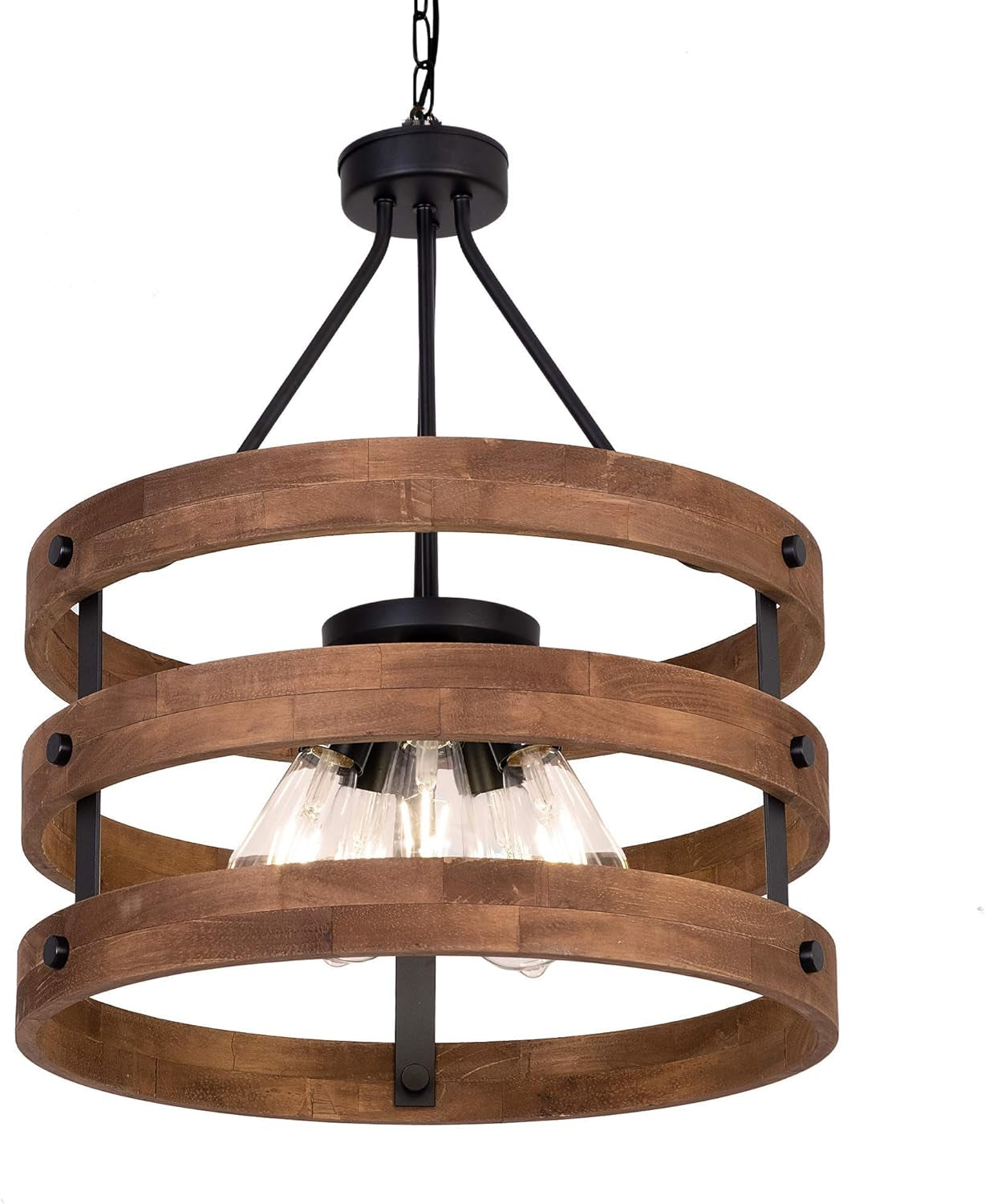 DERALAN Modern Rustic Chandelier Circular Wood Chandeliers round Wooden Five Lights Farmhouse Chandeliers Island Pendant Lighting Fixture Industrial Metal Retro Ceiling Lights for Dining Room Kitchen