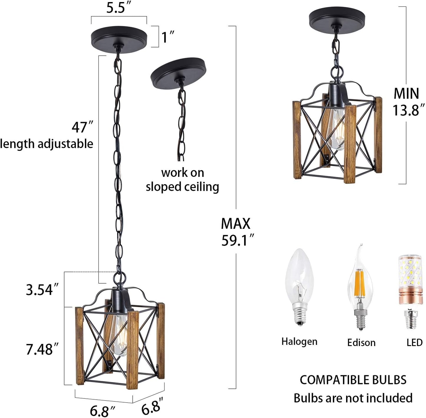 Farmhouse Wood Pendant Light, Rustic Chandelier Light Fixture Adjust Height Vintage Hanging Light Fixtures for Kitchen Island Dining Room Bedroom Foyer Entryway Hallway