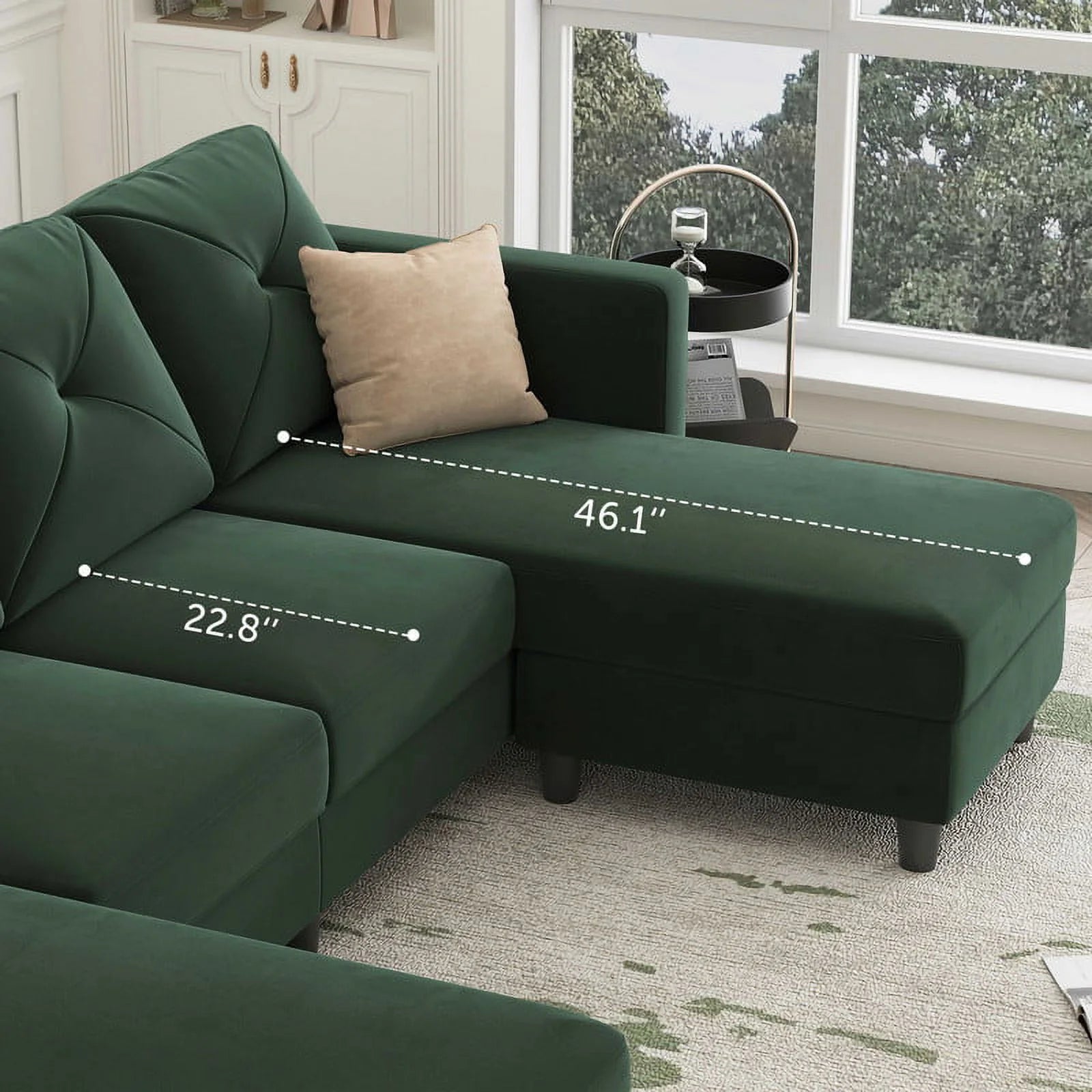 Large Green Velvet L-Shape Sectional Sofa with Storage Ottoman