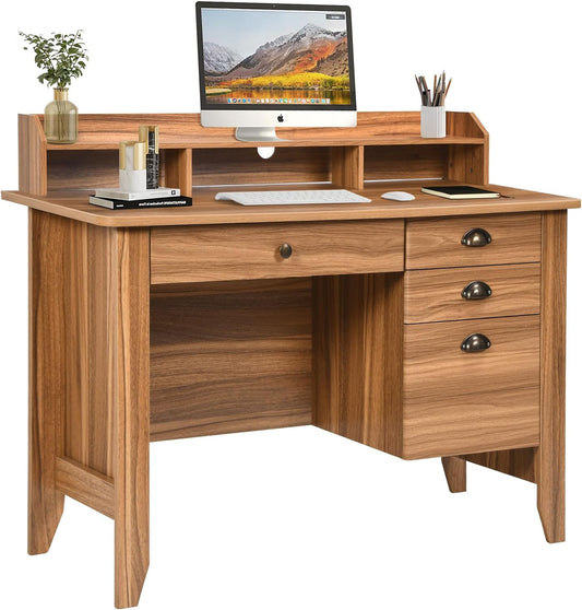 Computer Desk with Storage, Home Office Desk Vintage Desk with 4 Drawers & Hutch, Home Desk Computer Table Desk with Drawers for Bedroom, Farmhouse Desk, Rustic Oak