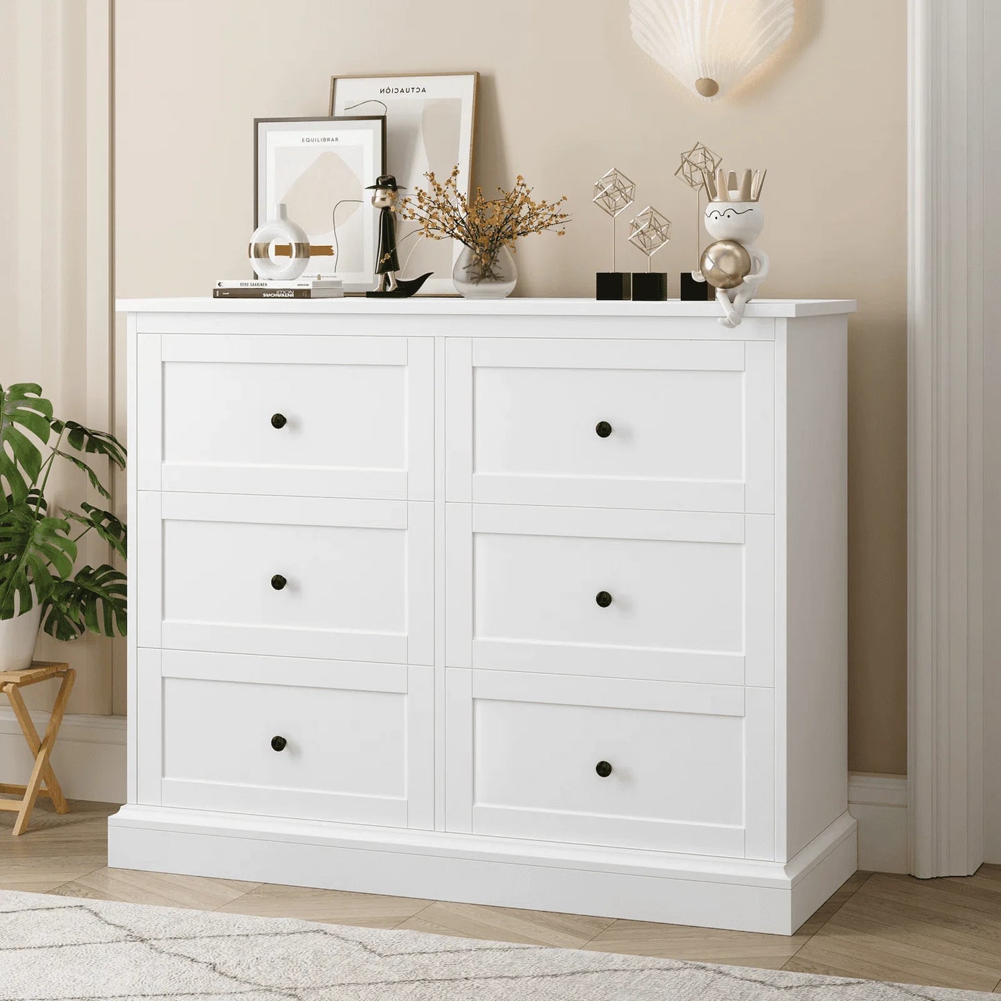 White Dresser with 6 Drawer , 42.5" Wide Double Dresser for Bedroom, Wooden Dresser Chest of Drawers