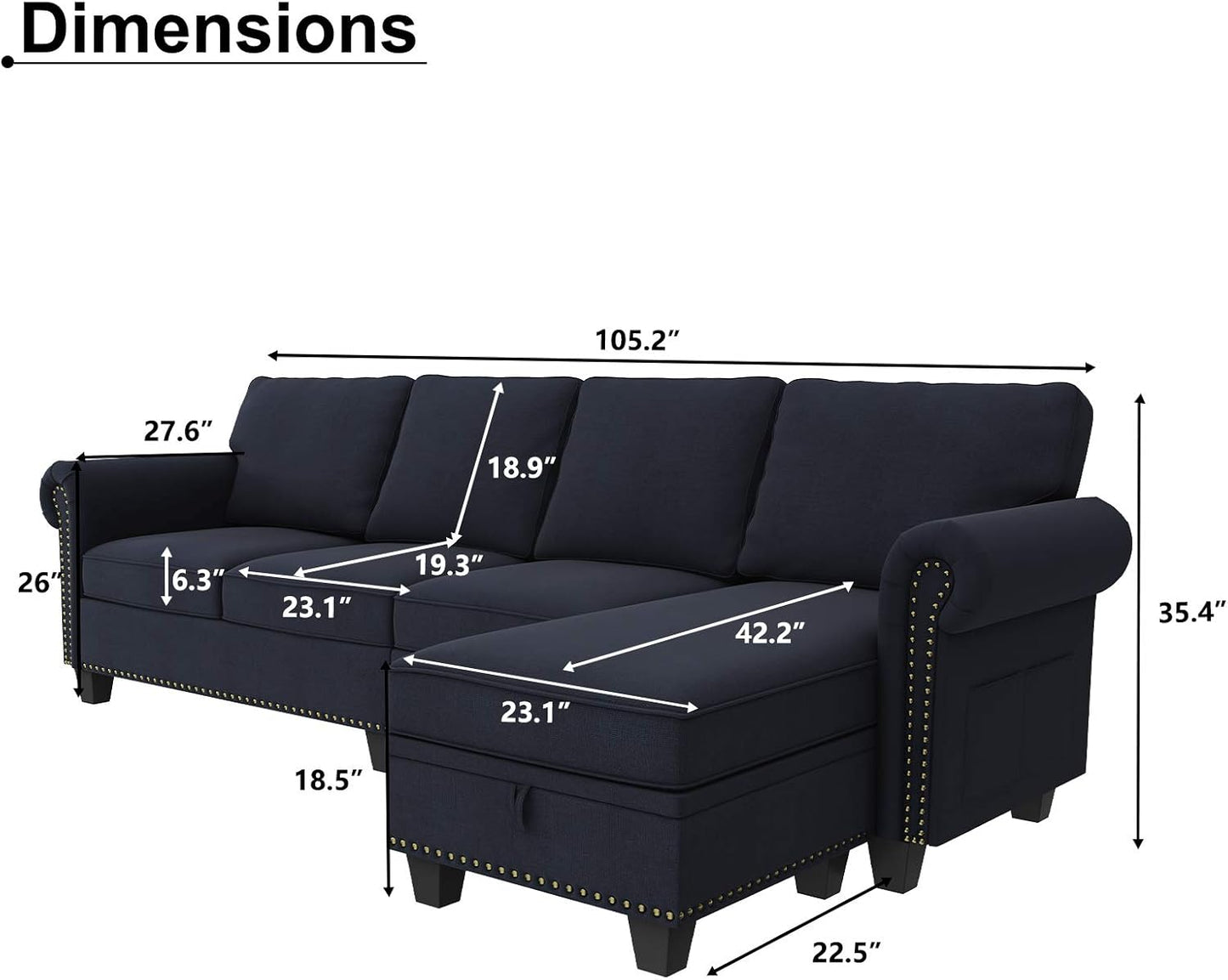 Convertible Sectional Sofa L Shape Couch with 4 Seat Reversible Chaise for Small Apartment, Bluish Grey