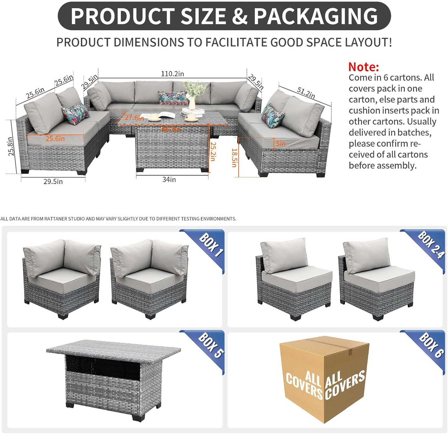 9-Piece Outdoor Sectional Wicker Furniture Set Patio Furniture Conversation Couch Set Large-Size Storage Table with Thicken(5") Anti-Slip Light Grey Cushions Furniture Cover