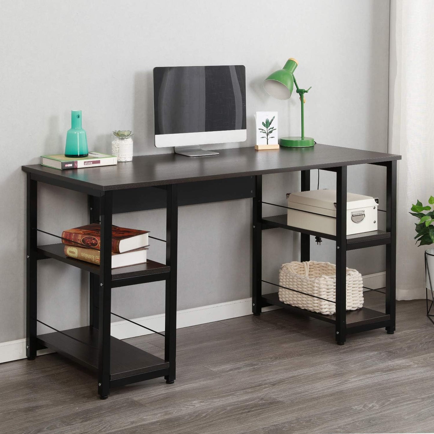 Home Office Desk 55 Inches Computer Desk, Morden Style Desk with Shelves Worksation Desk, Storage Desk Black DZ012-140-H