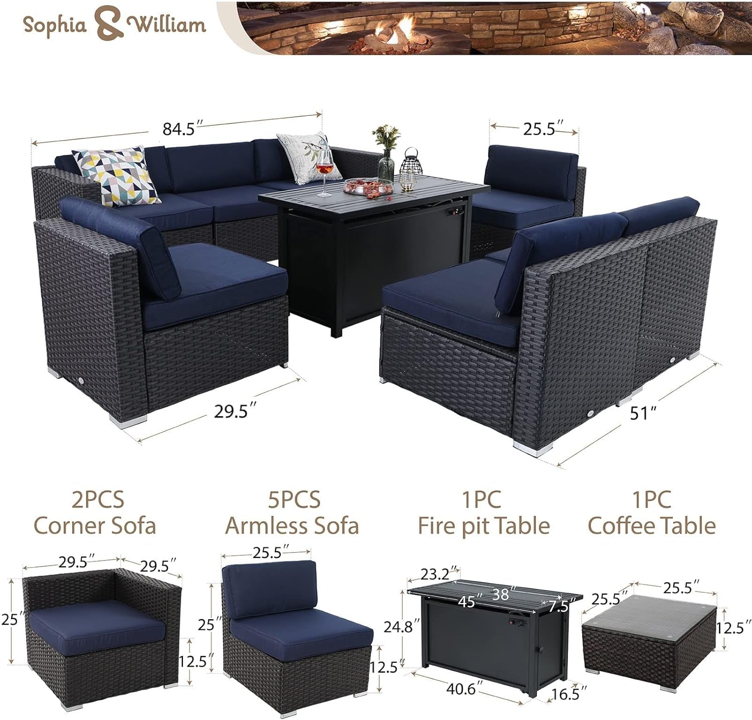 9 PCS Outdoor Patio Furniture Set with 45-Inch Gas Fire Pit Table Rattan Patio Outdoor Sectional Sofa Set W/Coffee Table & 50,000 BTU Auto-Ignition Firepit, Navy Blue