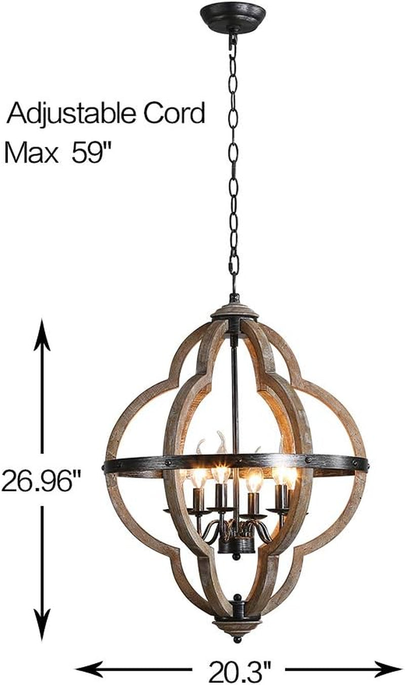 27" Large Farmhouse Wood Chandelier, 6-Light Rustic Orb Dining Room Light Fixtures over Table, Black Modern French Country Pendant Light Ceiling Hanging Lighting for Kitchen Foyer Living Room Entryway