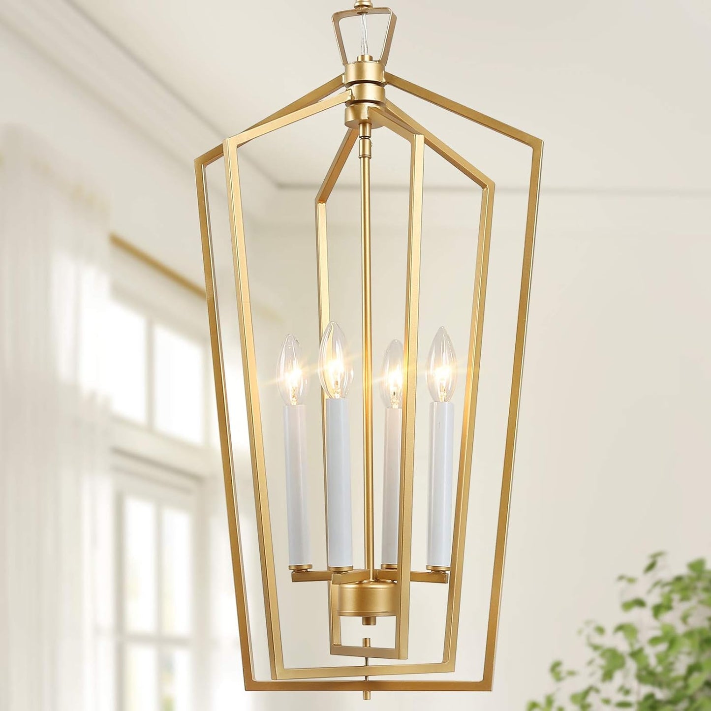 Gold Chandelier, 4-Light Gold Lantern Pendant Light with Adjustable Framework for Kitchen, Dining Room, 14" W X 28.3" H