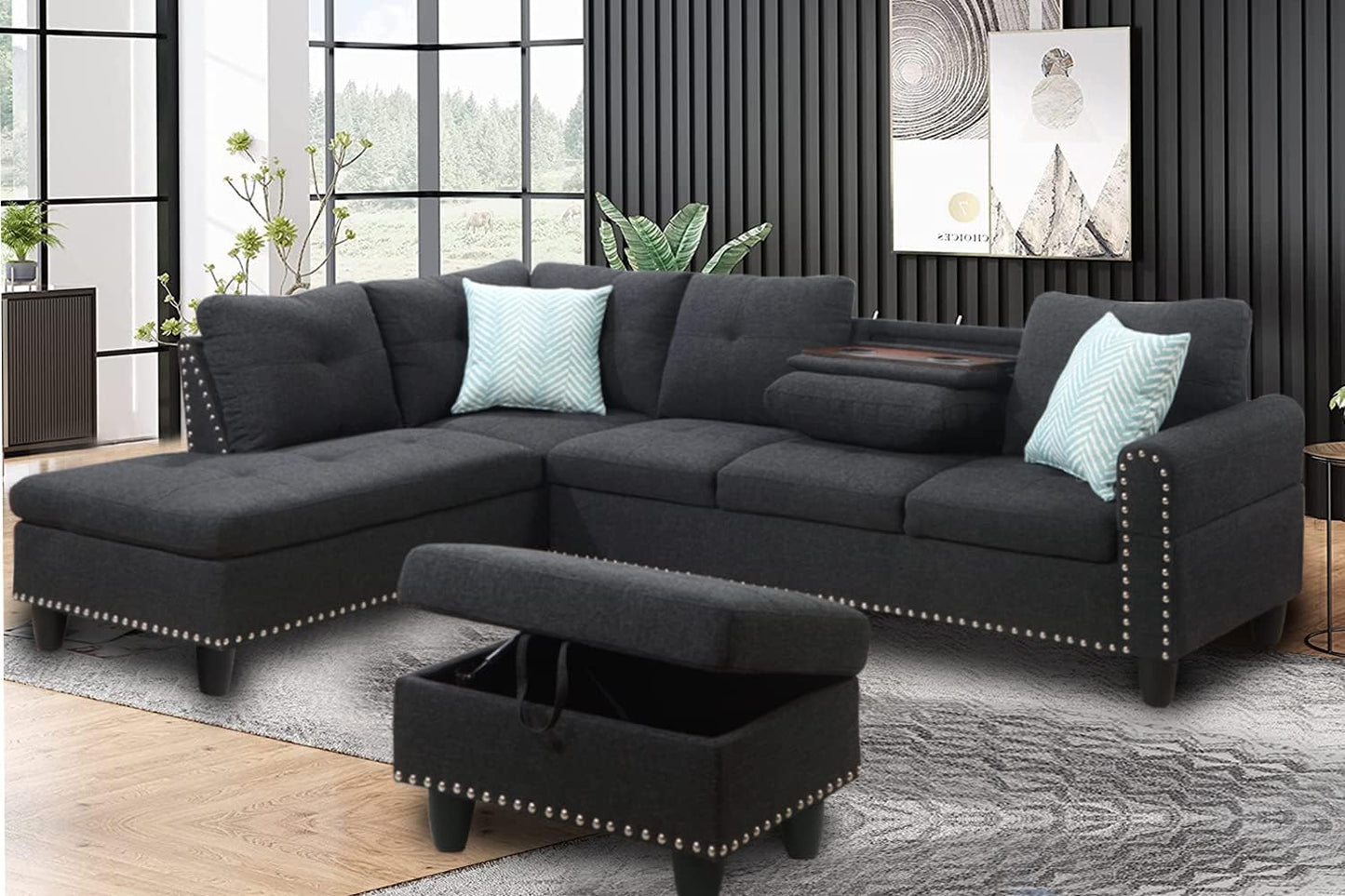 Modern Sectional Sofa Set with Chaise Lounge and Ottoman 6 Seat Corner Sectional Gray L Shaped Living Room Couch with Cupholder, Left Facing Couch