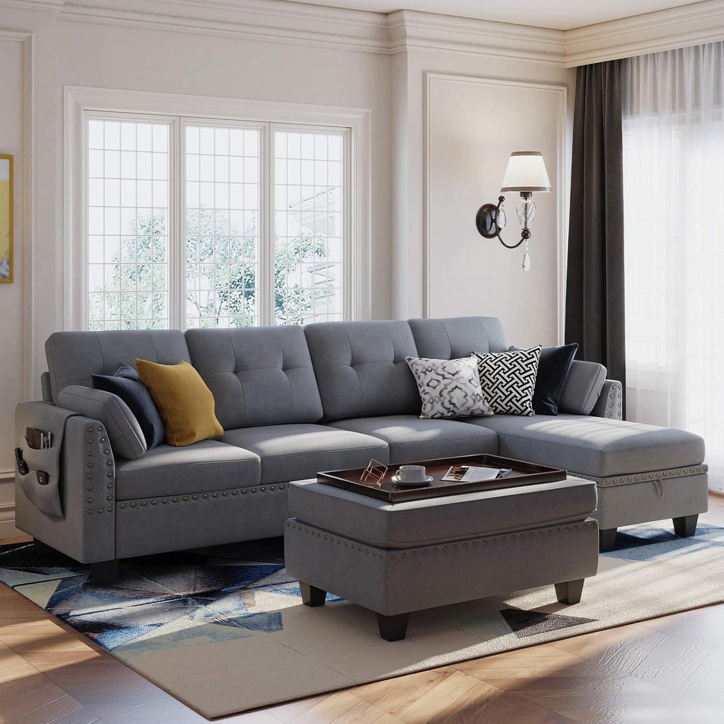 Reversible Sectional Sofa Couch Set L Shaped Couch Sofa Sets for Living Room 4 Seat Sofa Sectional with Storage Ottoman for Small Apartment,Grey (Sectional+Tray Ottoman)