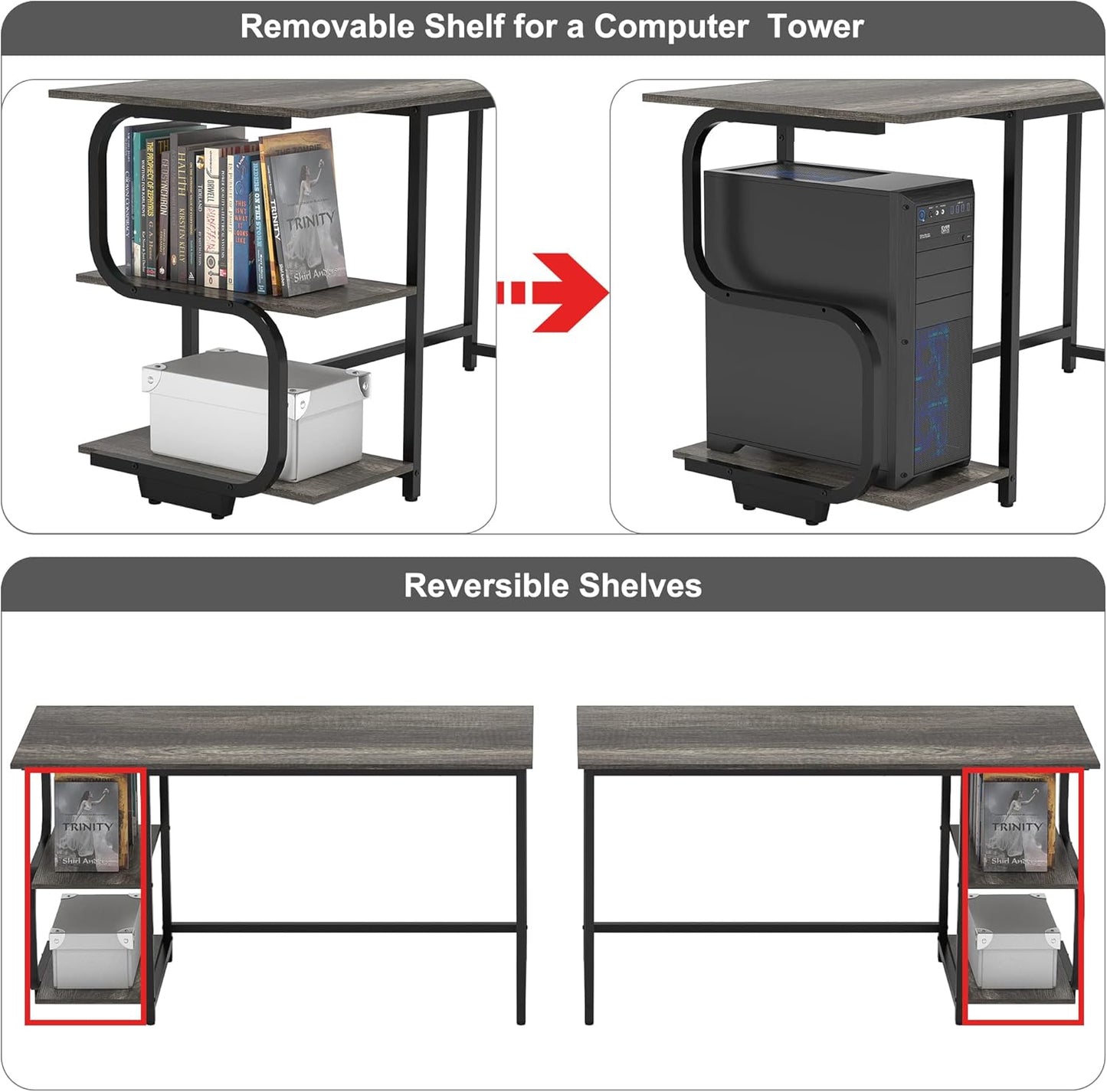 Reversible Computer Desk for Small Spaces with Shelves,Gaming Desk Office Desk for Home Office (47In, Black Oak)