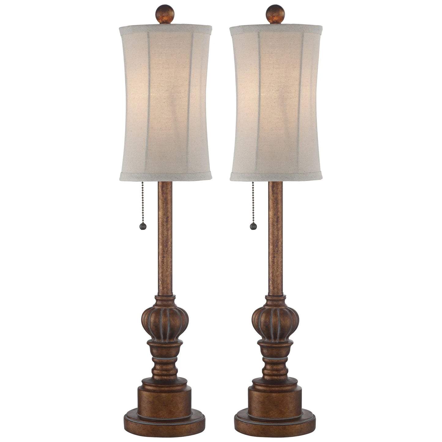 Traditional Buffet Table Lamps 28" Tall Set of 2 Warm Brown Wood Tone Fabric Drum Shade for Dining Room