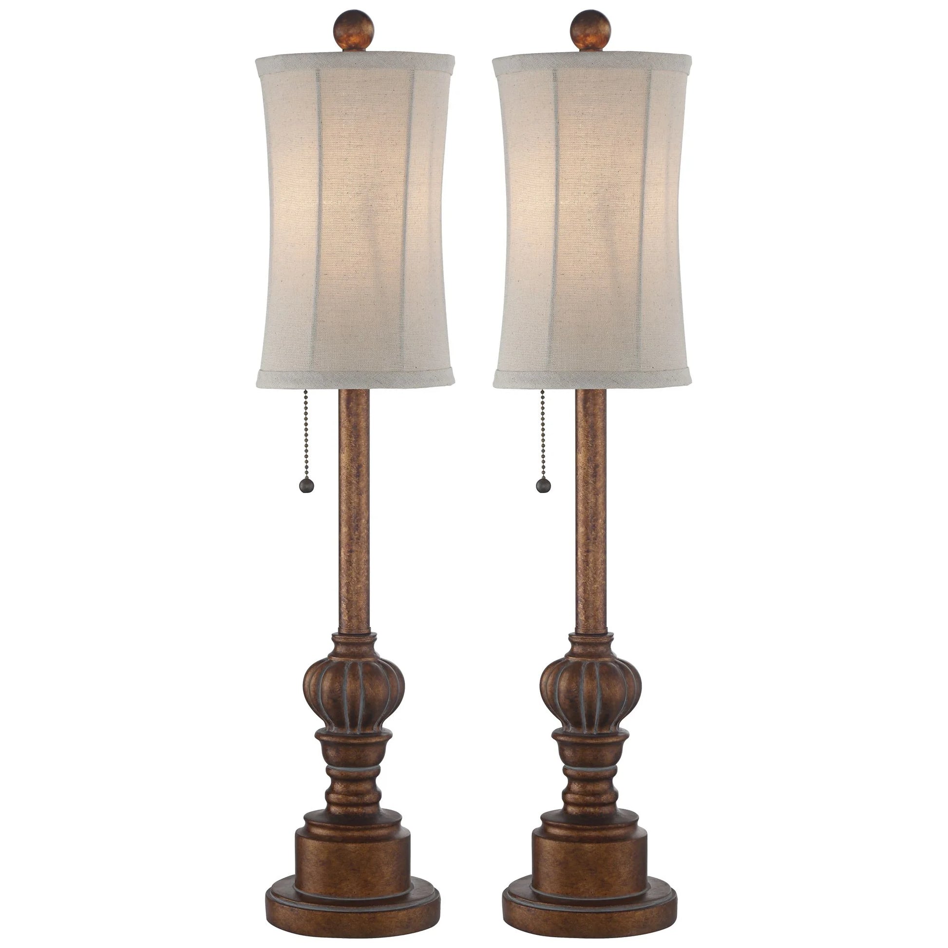 Traditional Buffet Table Lamps 28" Tall Set of 2 Warm Brown Wood Tone Fabric Drum Shade for Dining Room