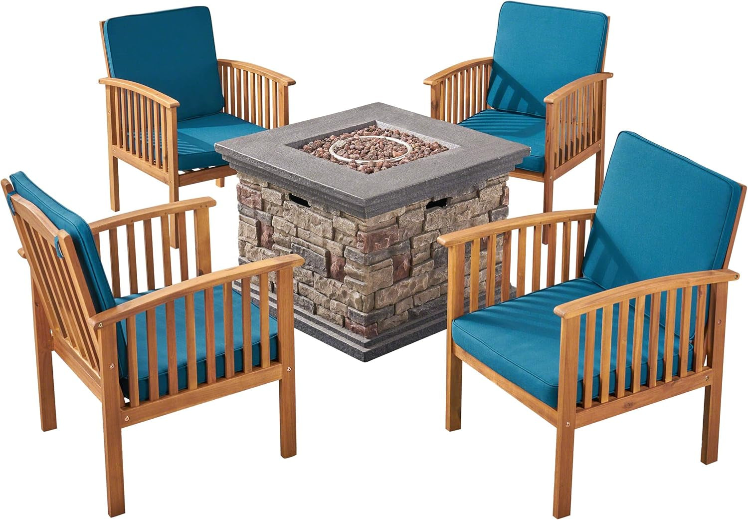 Outdoor 4-Seater Acacia Wood Club Chairs with Firepit, Brown Patina Finish and Dark Teal and Stone