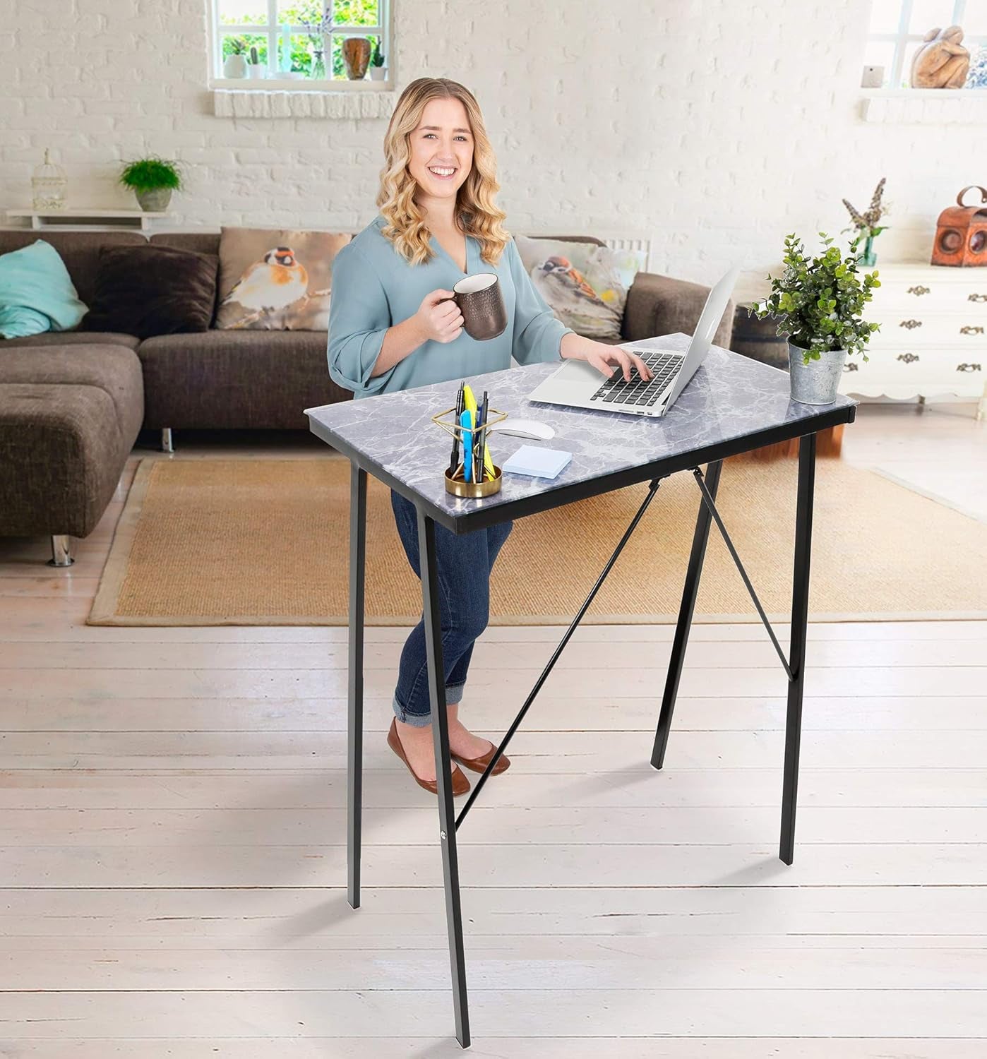 Joy Desk | Compact Multifunctional Standing Table for Home & Office | Modern Glass Top with Stylish Marble Design | Space-Saving Standing Desk for Small Workspaces (Marble / 32In X 41In)