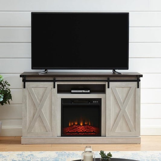 JYED Farmhouse Electric Fireplace TV Stand with Sliding Barn Door for Tvs up to 60",Grey Entertainment Center with Remote Control,Cable Hole,Adjustable Shelves for Living Room.54"X15.5"X31"