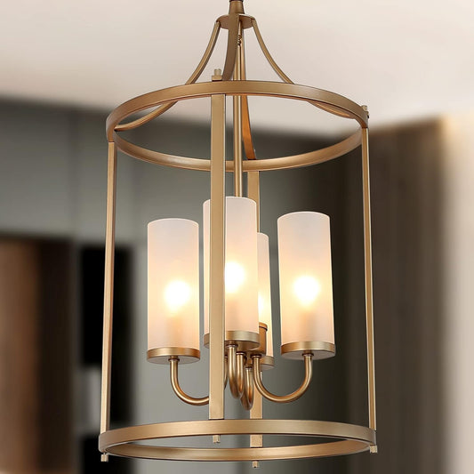 Modern Gold Chandelier, 4-Light Lantern Chandelier Light Fixture with Frosted Glass Shades, Cylindrical Gold Pendant Lighting for Kitchen Island, Dining Room & Entryway (12’’ W X 23’’ H)